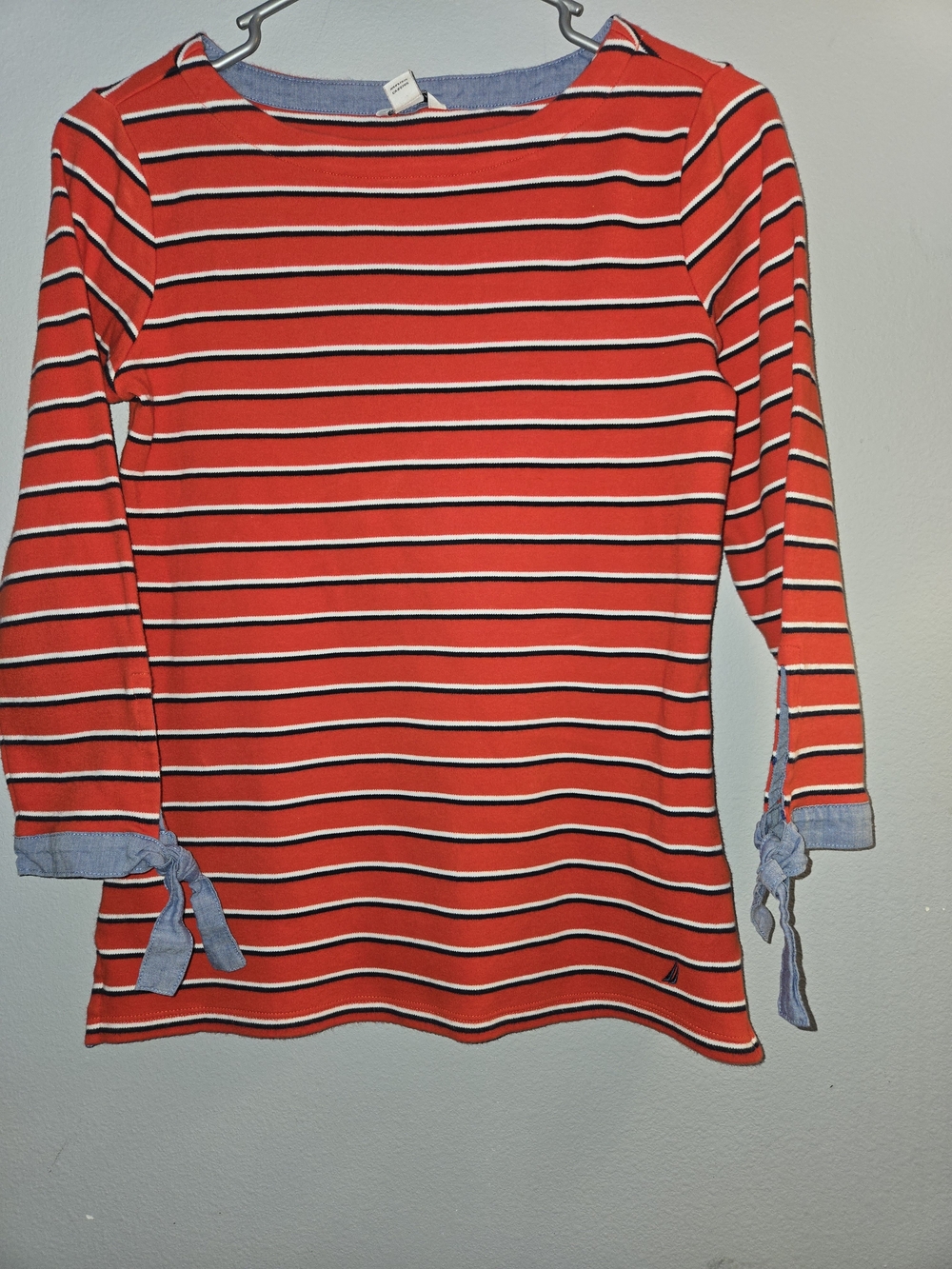 Nautica Red, Navy & White Striped Long-Sleeve Top with Chambray Tie Cuffs